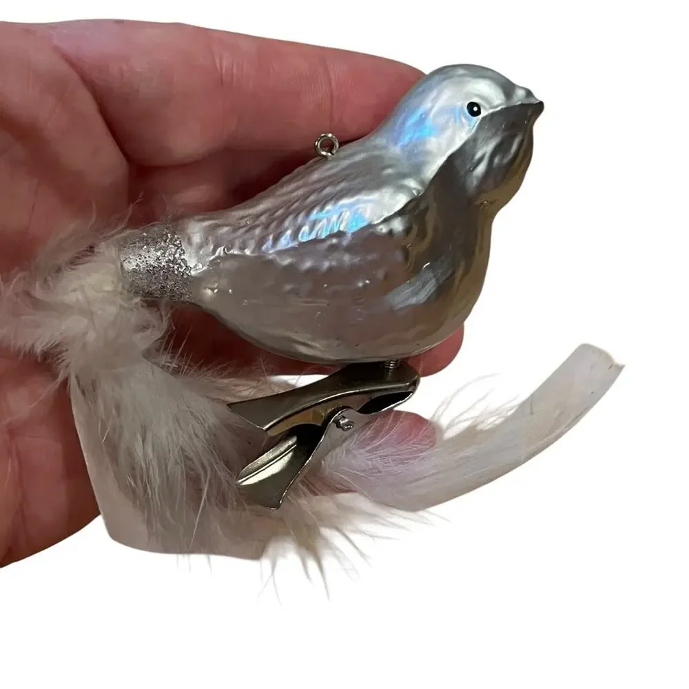 Lot Of 2 Glass Clip On Birds Christmas Ornaments Feather Tails Silver Gold